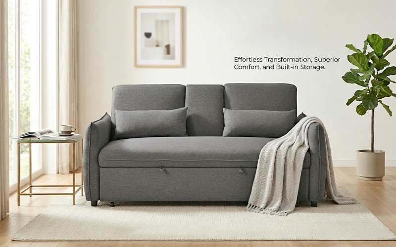 Prague 2-Seater Convertible Sofa Bed with Cup Holder & Accent Pillows (Grey)